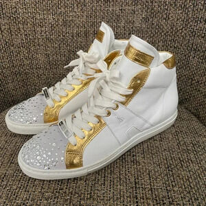 Alessandro Dell'acqua Embelished High Top Sneakers in White & Gold EU 38